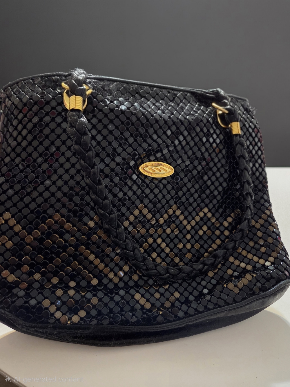 Black Braided Handle Sequin Tote Bag with Gold Accents